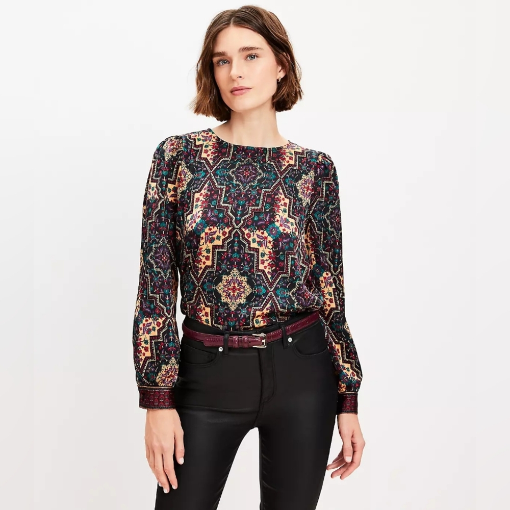 LOFT Geometric Floral Long Sleeve Blouse - Black and Cream